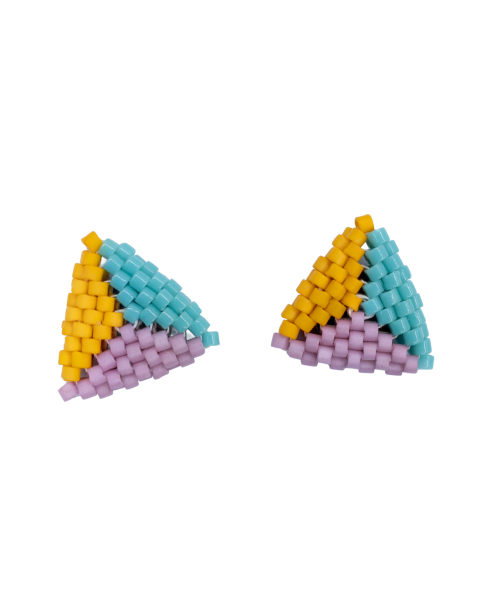 Trójkątne kolczyki sztyfty w odcieniach żółci, różu i turkusu z japońskich koralików Miyuki